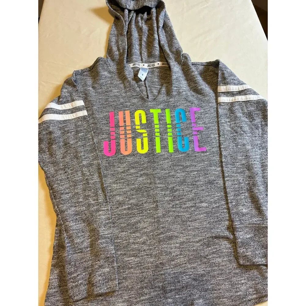 Justice Girls S 8 Gray Hooded Tunic Top Rainbow Logo Striped Sleeve Lightweight